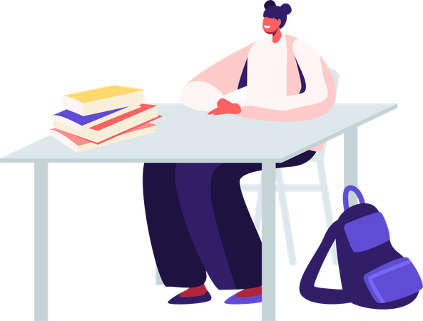 Schulmädchen sitzt mit Schulbüchern und Rucksack am Schreibtisch  Illustration