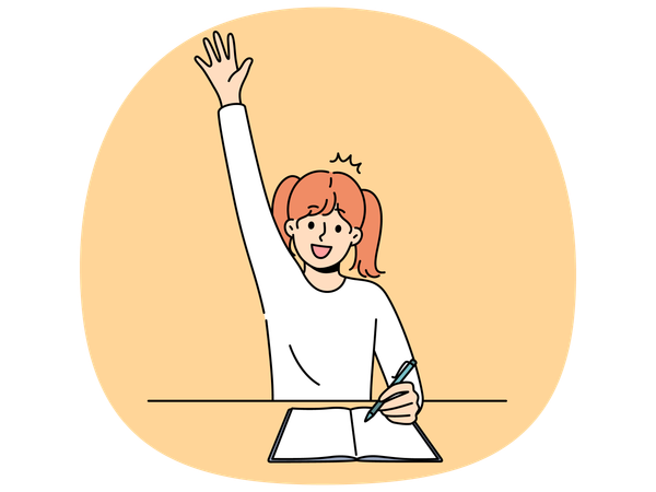 Schulmädchen sitzt mit Arbeitsbuch und Stift am Schreibtisch und hebt die Hand, um die Frage des Lehrers zu beantworten  Illustration