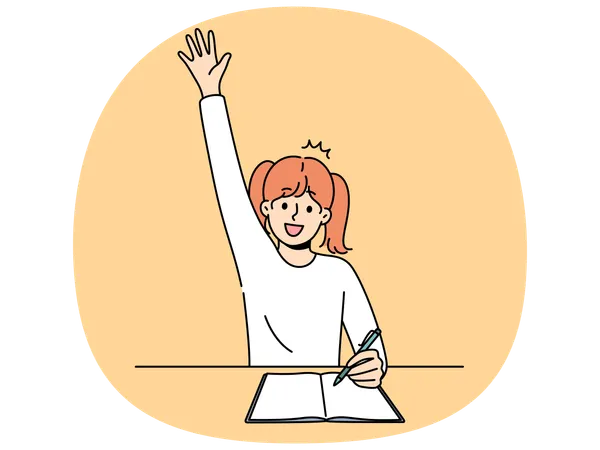 Schulmädchen sitzt mit Arbeitsbuch und Stift am Schreibtisch und hebt die Hand, um die Frage des Lehrers zu beantworten  Illustration