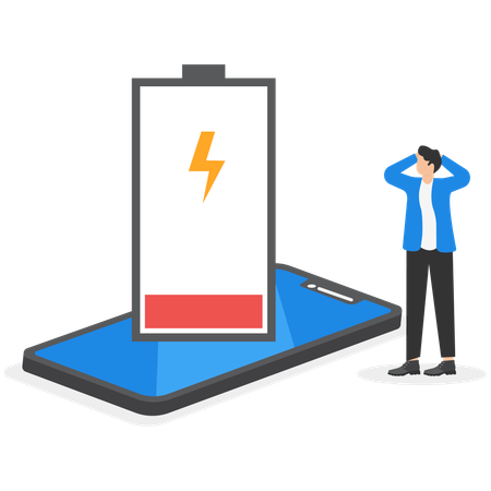 Schwacher Akku auf dem Smartphone-Bildschirm und Geschäftsleute mit der Aufschrift „Achtung, Akku schwach“  Illustration