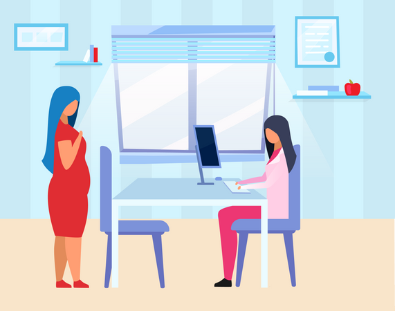 Schwangere Frau besucht Arzt  Illustration