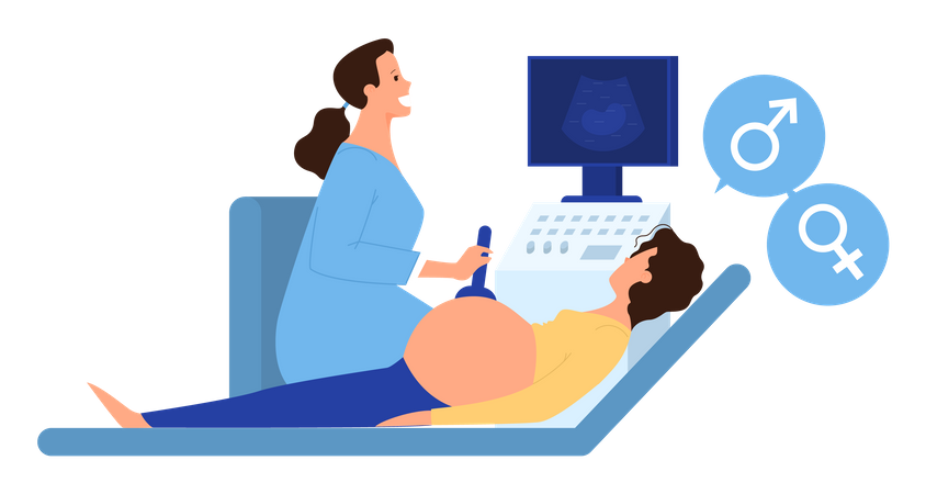 Schwangere macht Ultraschalluntersuchung im Frauenarzt-Krankenhaus  Illustration