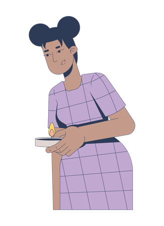 Schwarze Frau im karierten Kleid hält brennende Kerze  Illustration