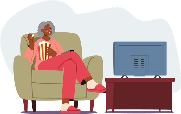 Schwarze Seniorin isst Popcorn vor dem Fernseher  Illustration