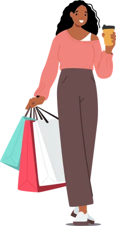 Schwarzes Shopaholic-Mädchen mit Kaffeetasse und Einkäufen in Taschen  Illustration