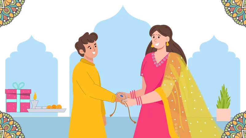 Schwester bindet Rakhi an Bruder  Illustration