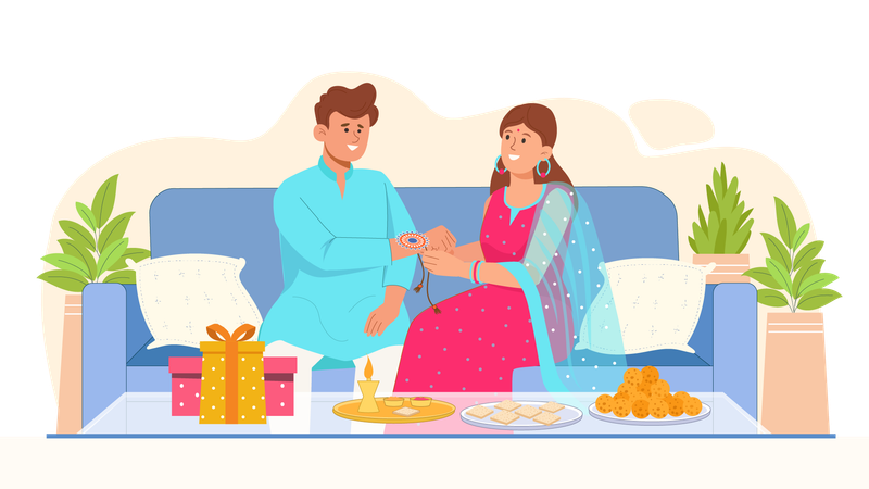 Schwester bindet Rakhi an Bruder  Illustration