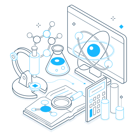 Science And Medicine Black And Blue Isometric Line Illustration Research And Studying Laboratory Progress And Investigation Concept Flasks And Tubes Microscope Neutron Book And Diagrams Illustration