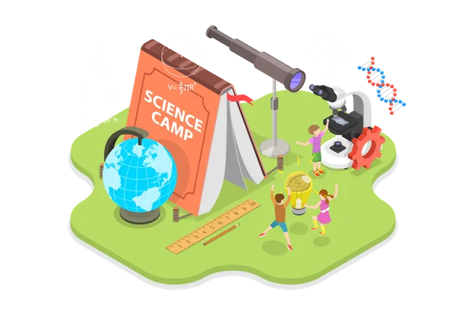 3 D Isometric Flat Vector Conceptual Illustration Of Science Camp STEM Education And Engineering For Kids Illustration