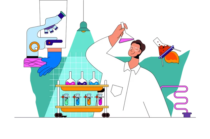 Science Laboratory Web Concept With Character Scene Scientist Making Chemical Reaction In Flasks And Monitoring Process People Situation In Flat Design Vector Illustration For Marketing Material Illustration