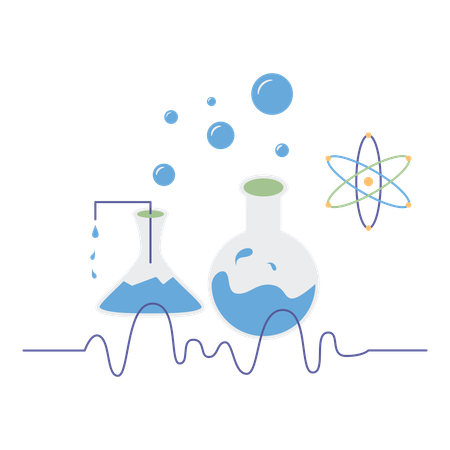 Science laboratory flasks with liquid and molecules  イラスト