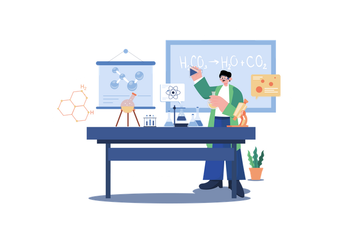 Science teacher teaching chemical formulas  Illustration