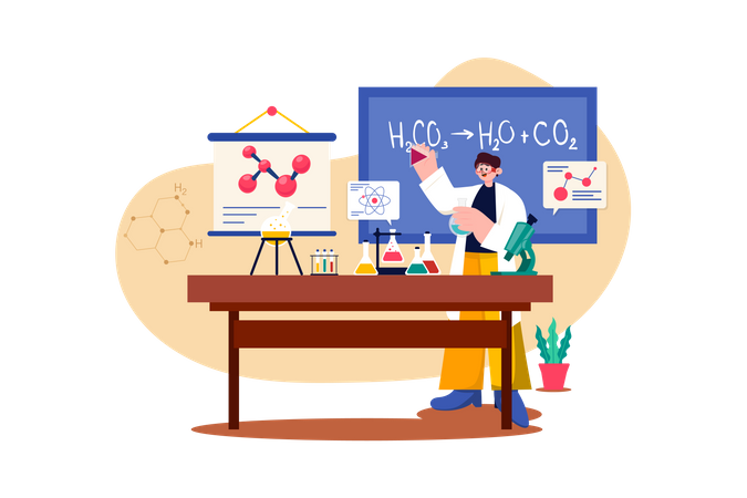 Science teacher teaching chemical formulas  Illustration