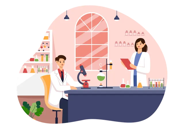 Vector Illustration Of A Laboratory Conducting Scientific Research Experimentation And Measurement In A Flat Cartoon Style Background イラスト