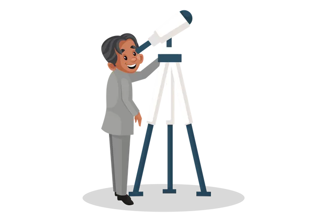 Scientifique analysant le ciel avec un télescope  Illustration