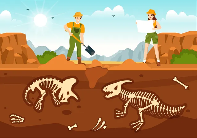 Un scientifique creuse le sol pour évacuer les fossiles de dinosaures  Illustration