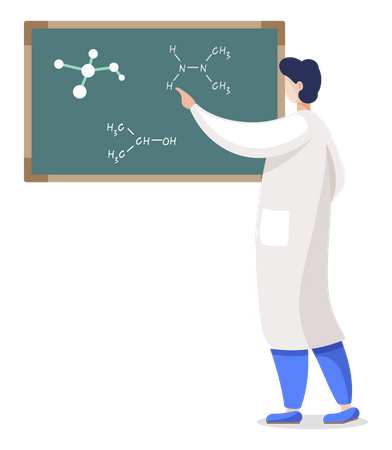 Scientifique dessinant une formule moléculaire sur un tableau  Illustration