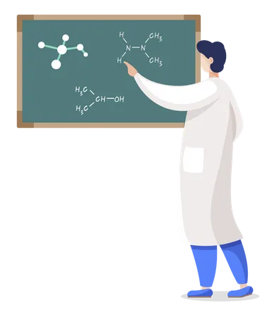 Scientifique dessinant une formule moléculaire sur un tableau  Illustration