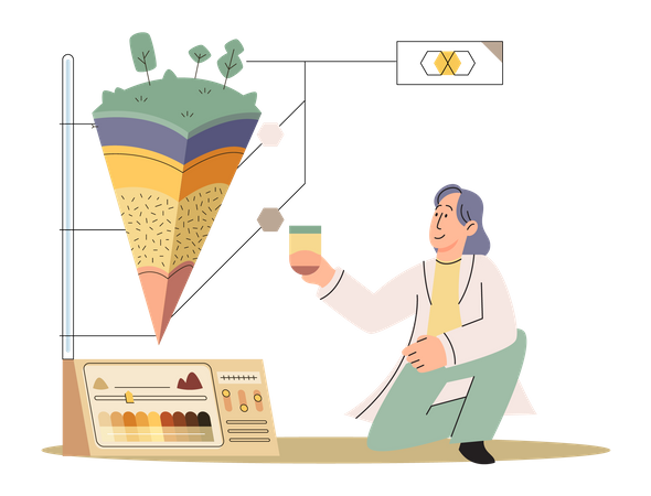 Scientifique effectuant des expériences en laboratoire sur les couches de sol  Illustration