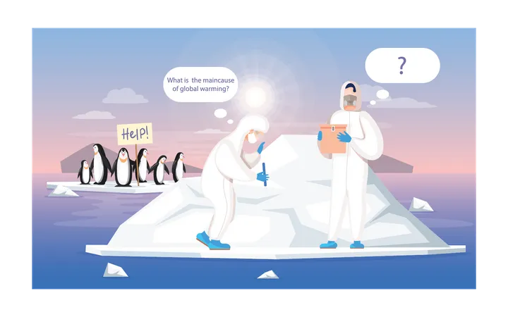 Un scientifique effectue des recherches sur la fonte des glaciers  Illustration