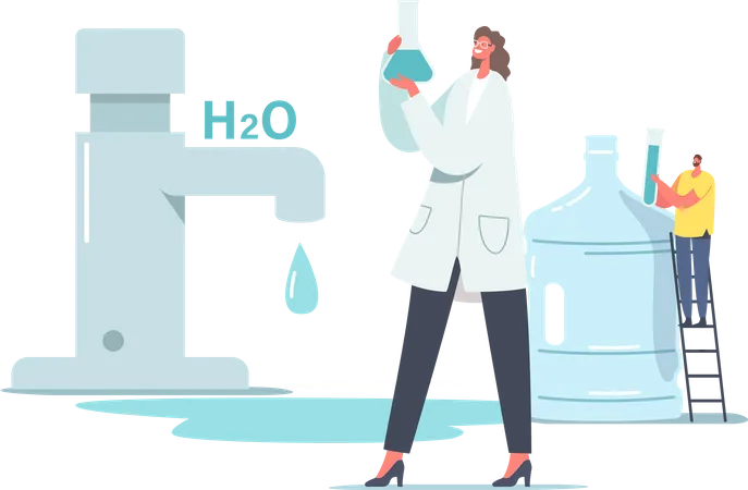 Un scientifique en blouse de laboratoire tient un bécher dans l'eau de recherche en laboratoire  Illustration