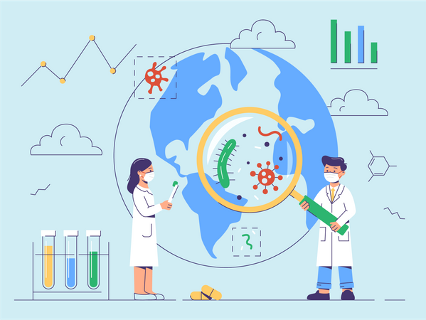 Scientifique et assistant médical effectuant des recherches sur les virus et les bactéries  Illustration