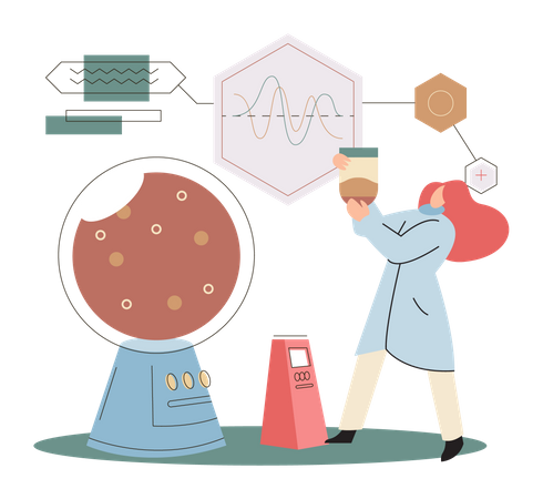 Scientifique étudiant un micro-organisme dans le sol  Illustration