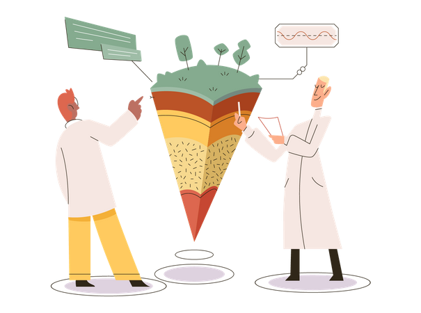 Scientifique faisant des expériences sur différents niveaux de sol  Illustration
