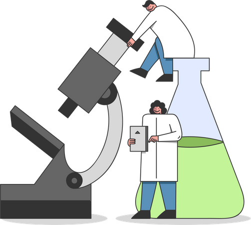 Scientifique faisant des expériences à l’intérieur d’un microscope  Illustration