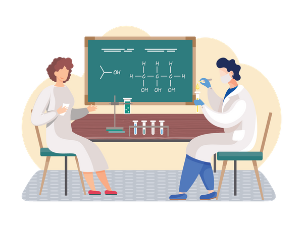 Scientifique faisant des expériences avec des liaisons chimiques  Illustration