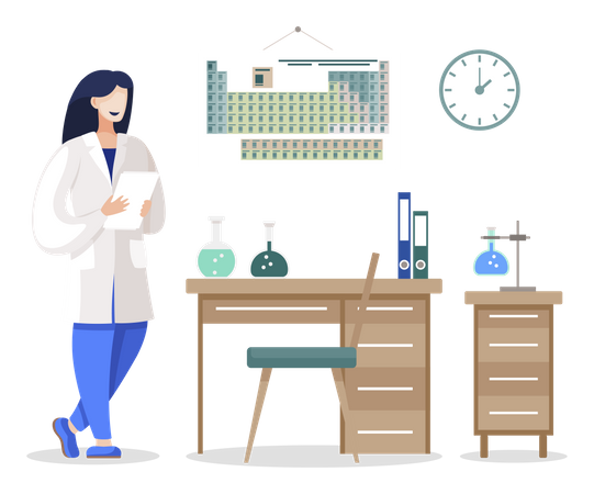 Femme scientifique en laboratoire, chimiste en laboratoire  Illustration