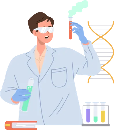 Scientifique satisfait faisant une expérience chimique  Illustration