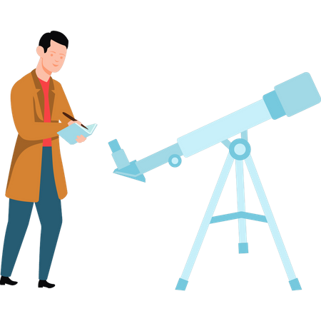 Un scientifique se tient près du télescope  Illustration