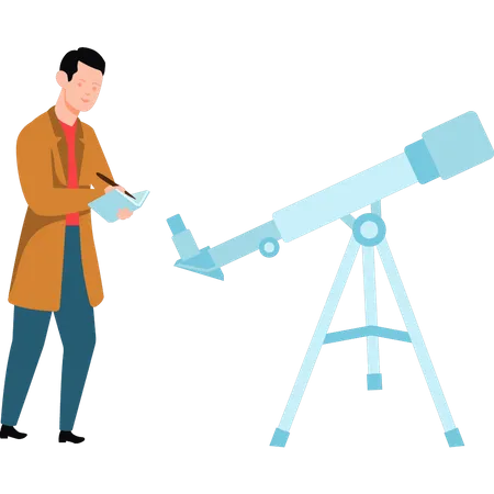 Un scientifique se tient près du télescope  Illustration