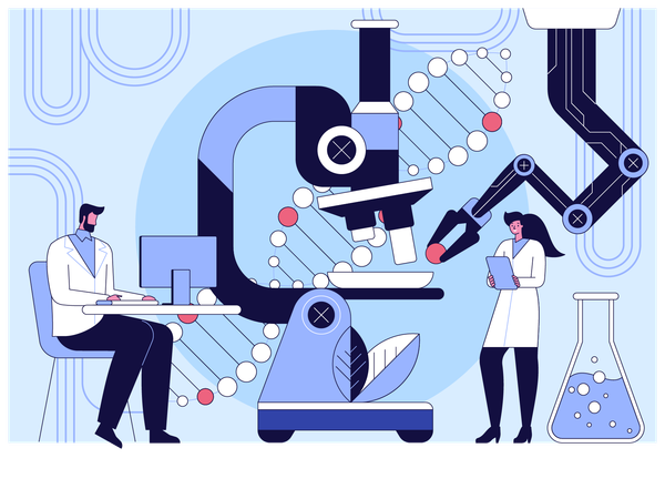 Scientifique travaillant sur un microscope  Illustration