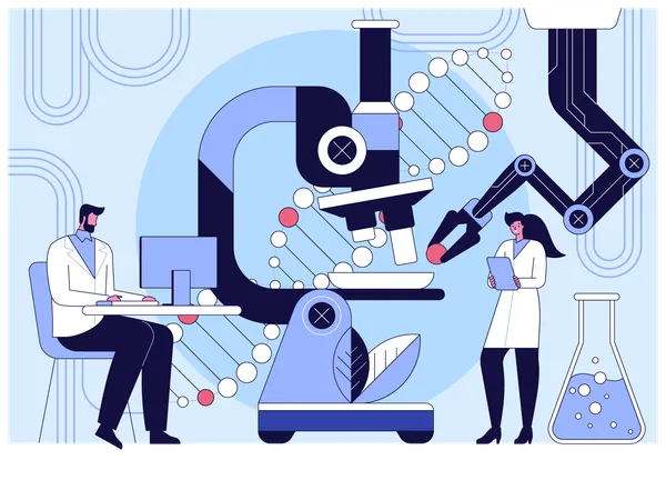 Scientifique travaillant sur un microscope  Illustration