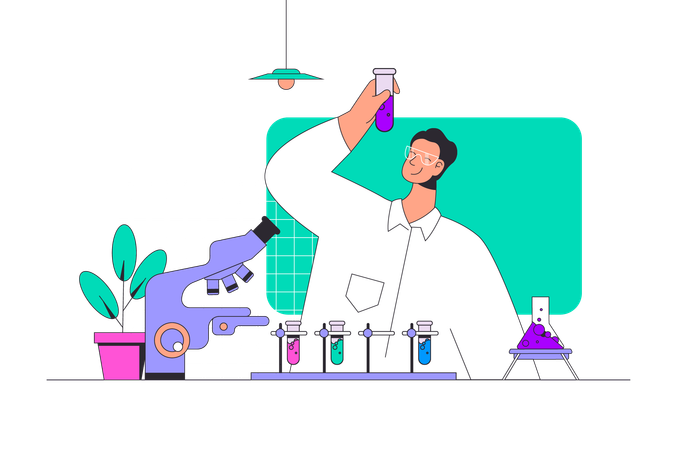 Scientifique effectuant des recherches et des expériences dans une fiole de laboratoire  Illustration