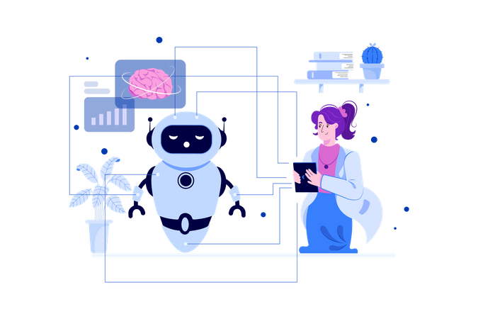 Scientist analyzing chat bot for bugs and issues  Illustration