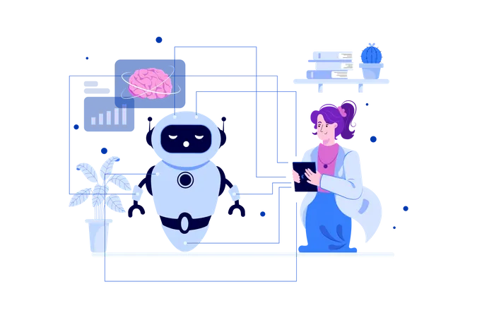 Scientist analyzing chat bot for bugs and issues Illustration