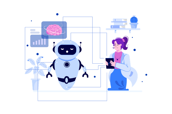 Scientist analyzing chat bot for bugs and issues  Illustration