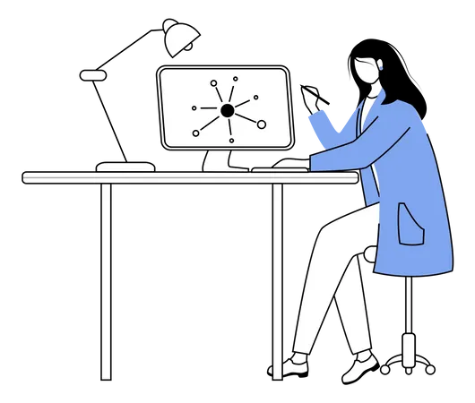 Scientist At Working Place Flat Contour Vector Illustration Woman In Blue Lab Coat Simple Drawing Physicist Using Computer For Research Isolated Cartoon Outline Character On White Background Illustration