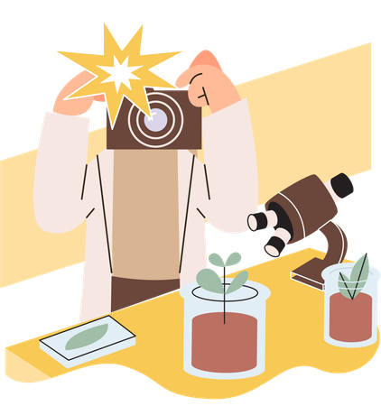 Scientist biologist examining green plant in lab  Illustration