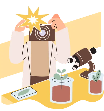 Scientist biologist examining green plant in lab  Illustration