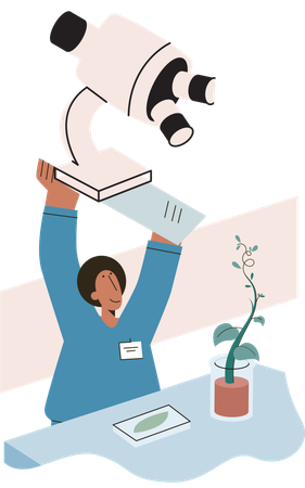 Scientist biologist examining green plant in lab  Illustration