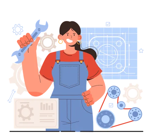 Diverse Women In Technology And Engineering Concept Female Mechanical Engineer Design Power Producing Machines Power Using Machines And Air Conditioning Systems Flat Vector Illustration Illustration