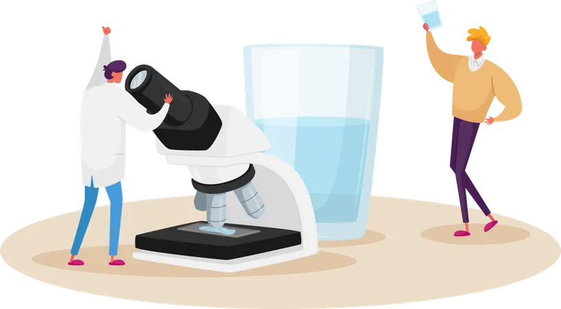 Tiny Scientist Look In Microscope Learning Clean Filtered Water Tiny Characters At Huge Glass With Pure Fresh Drinking Aqua Home Purification Health Environment Cartoon People Vector Illustration Illustration