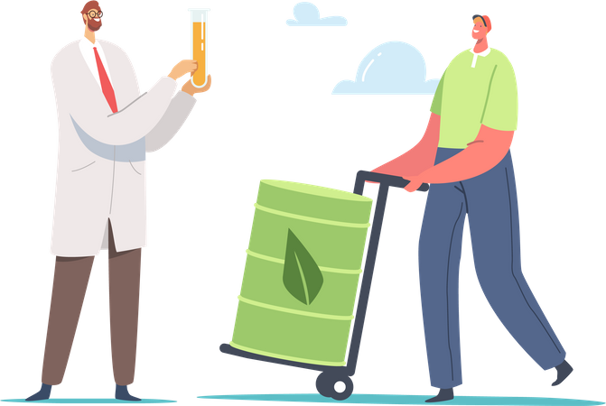 Scientist Chemist Holding Glass Flask with Liquid Eco Petrol  Illustration
