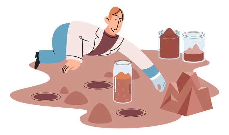 Scientist collecting different soil samples Illustration