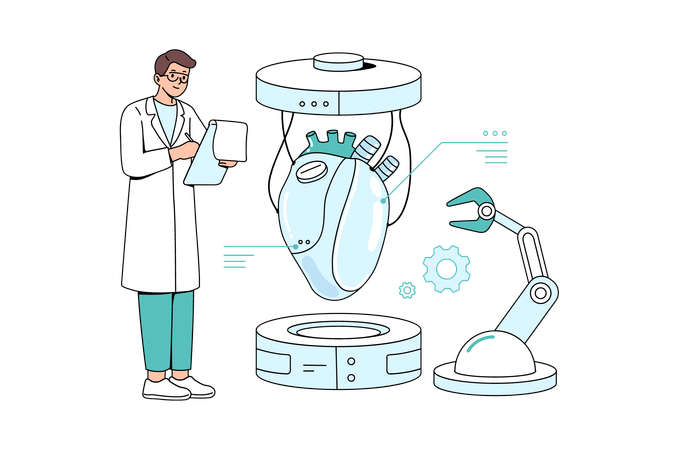 Scientist developing artificial heart implant  Illustration