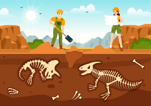 Scientist digging soil to evacuate dinosaur fossils  Illustration